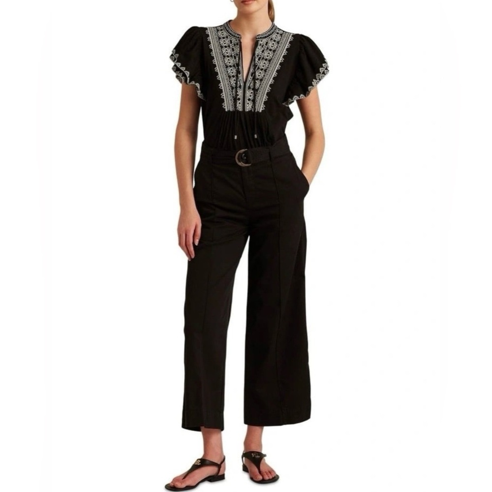 Lauren Ralph Lauren Black Boho Peasant Top with White Embroidered Yoke